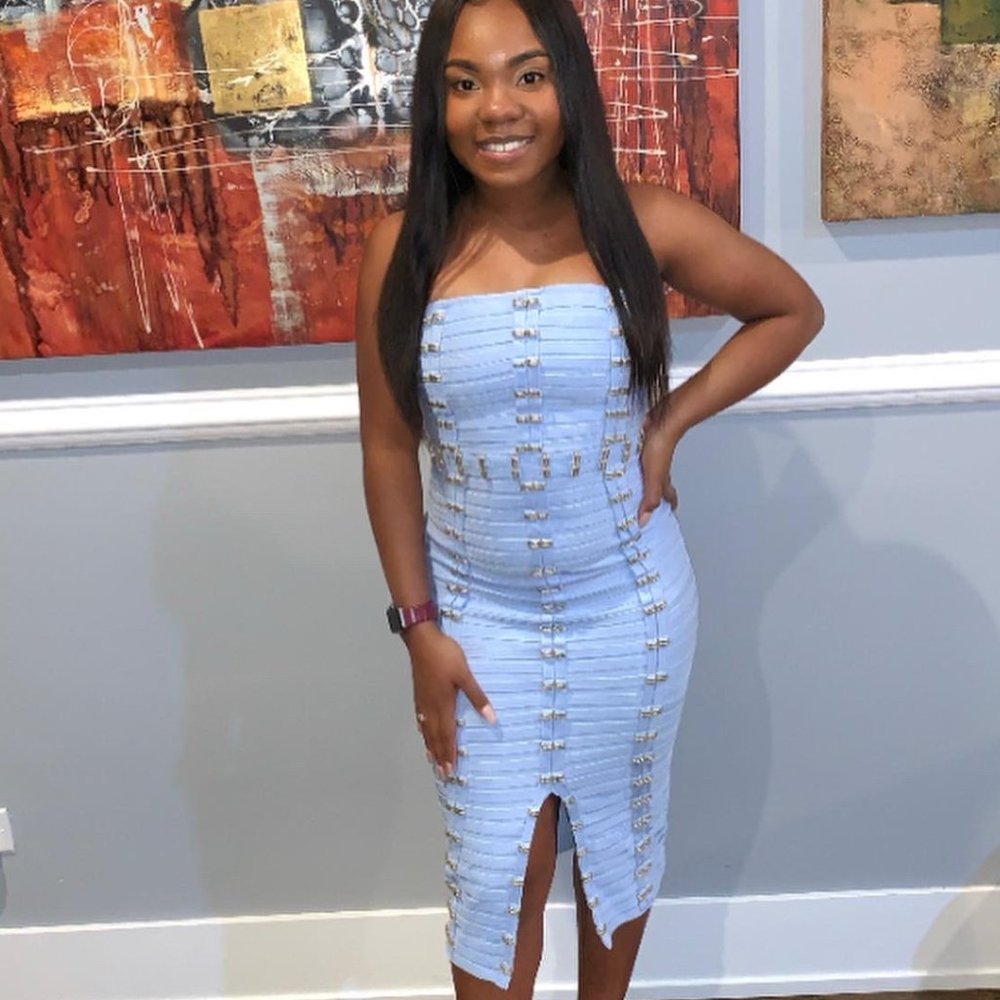 Blue long dress with silver attachments